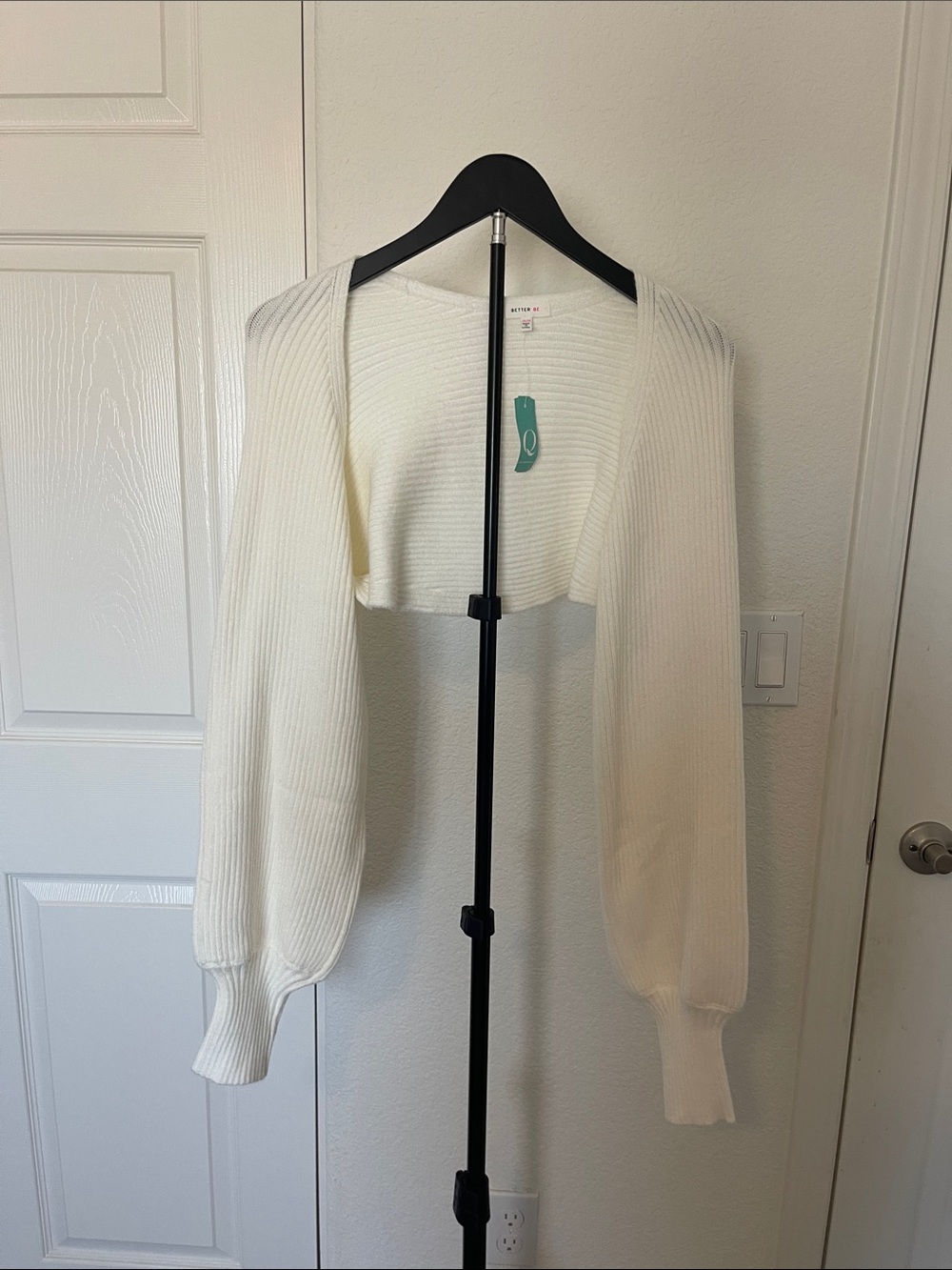 Cropped Open-Front White Ribbed Sweater